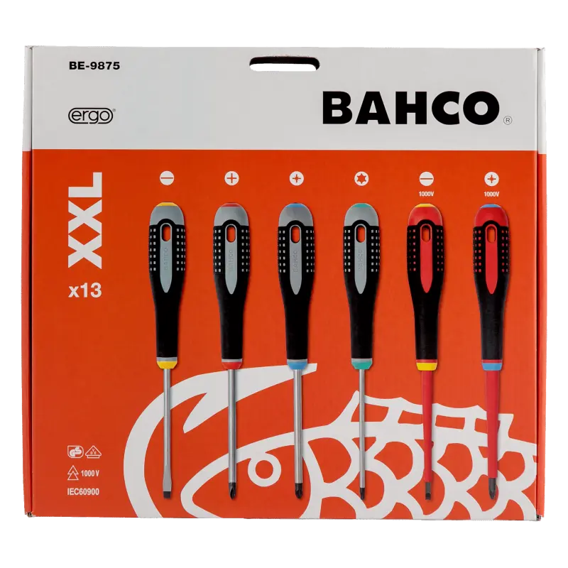 Conjunto de chaves de parafusos ERGO™, 13 peças
- BE-9875 Conjunto de chaves de parafusos ERGO™, 13 peças
- BE-9875