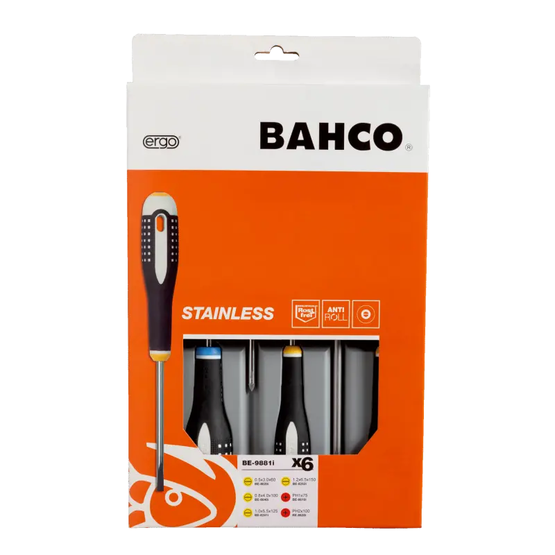 Jogo de chaves de parafusos em aço inoxidável ERGO™, 6 pcs
- BE-9881I Jogo de chaves de parafusos em aço inoxidável ERGO™, 6 pcs
- BE-9881I