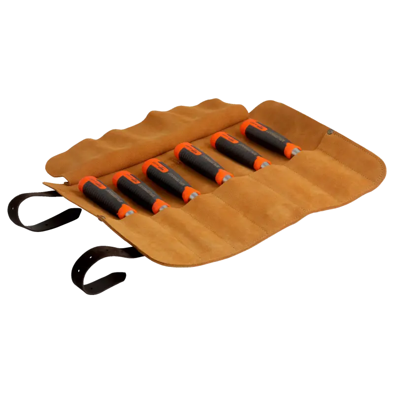 Conjunto de cinzel à prova de fendas ERGO™ em bolsa de rolo de couro - 6 peças
- 434-S6-LR Conjunto de cinzel à prova de fendas ERGO™ em bolsa de rolo de couro - 6 peças
- 434-S6-LR