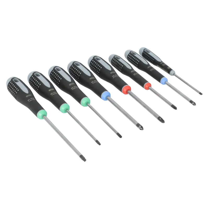 Conjunto de chaves de parafusos de fenda/Phillips/Pozidriv/TORX® com pega de borracha - 8 peças
- BE-9872 Conjunto de chaves de parafusos de fenda/Phillips/Pozidriv/TORX® com pega de borracha - 8 peças
- BE-9872