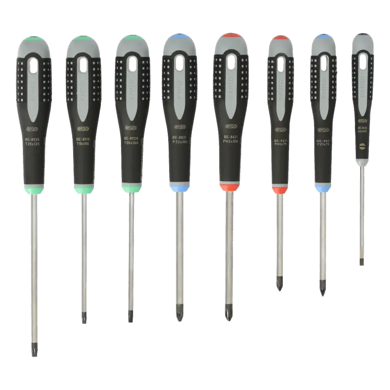 Conjunto de chaves de parafusos de fenda/Phillips/Pozidriv/TORX® com pega de borracha - 8 peças
- BE-9872 Conjunto de chaves de parafusos de fenda/Phillips/Pozidriv/TORX® com pega de borracha - 8 peças
- BE-9872