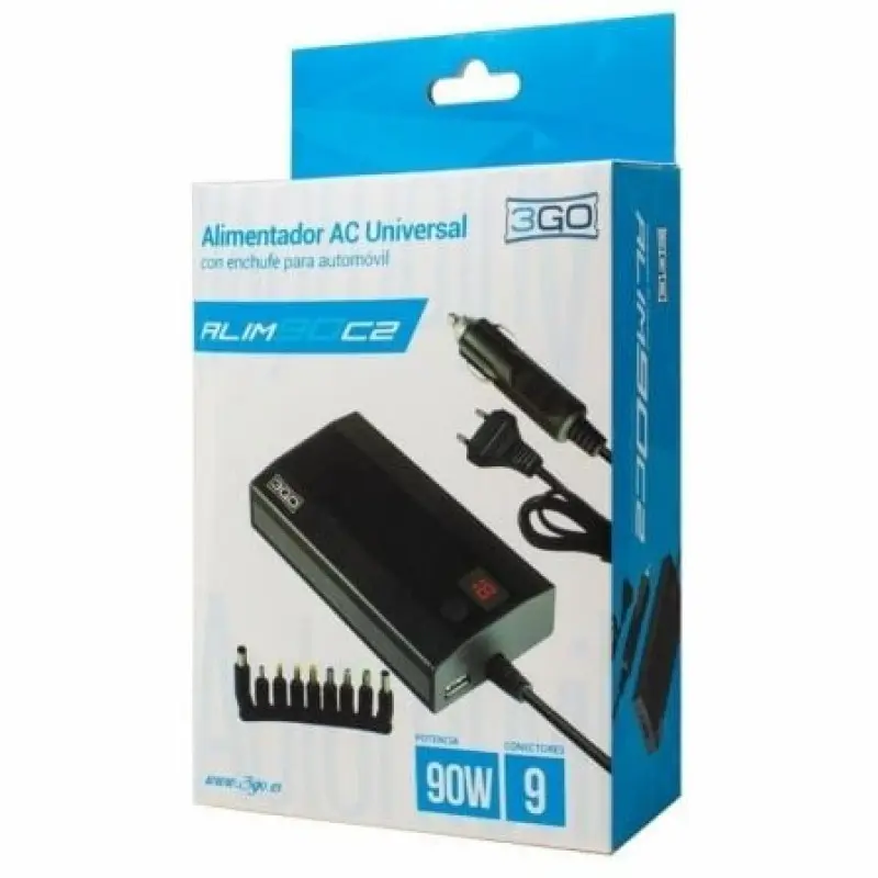 Cargador de Portátil 3GO Alim90C2/ 90W/ Manual/ 9 Conectores/ Voltaje 12-20V/ 1 USB/ con Adaptador para Coche Cargador de Portátil 3GO Alim90C2/ 90W/ Manual/ 9 Conectores/ Voltaje 12-20V/ 1 USB/ con Adaptador para Coche
