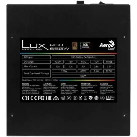 Fuente de Alimentación Aerocool LUX RGB 650M/ 650W/ Ventilador 12cm/ 80 Plus Bronze Fuente de Alimentación Aerocool LUX RGB 650M/ 650W/ Ventilador 12cm/ 80 Plus Bronze