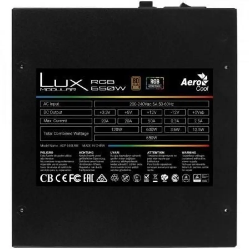 Fuente de Alimentación Aerocool LUX RGB 650M/ 650W/ Ventilador 12cm/ 80 Plus Bronze Fuente de Alimentación Aerocool LUX RGB 650M/ 650W/ Ventilador 12cm/ 80 Plus Bronze