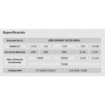 Fuente de Alimentación Aerocool LUX RGB 750M/ 750W/ Ventilador 12cm/ 80 Plus Bronze Fuente de Alimentación Aerocool LUX RGB 750M/ 750W/ Ventilador 12cm/ 80 Plus Bronze