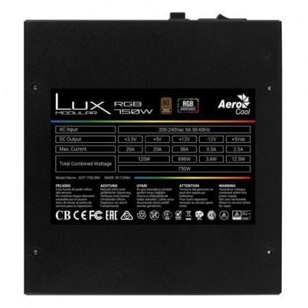 Fuente de Alimentación Aerocool LUX RGB 750M/ 750W/ Ventilador 12cm/ 80 Plus Bronze Fuente de Alimentación Aerocool LUX RGB 750M/ 750W/ Ventilador 12cm/ 80 Plus Bronze