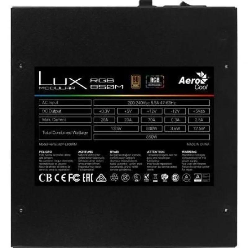 Fuente de Alimentación Aerocool LUX RGB 850M/ 850W/ Ventilador 12cm/ 80 Plus Bronze Fuente de Alimentación Aerocool LUX RGB 850M/ 850W/ Ventilador 12cm/ 80 Plus Bronze