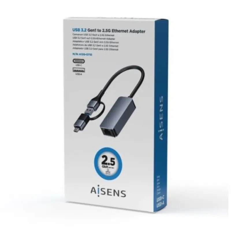 Adaptador USB 3.2 Gen1 Aisens A109-0710/ USB Macho - USB Tipo-C Macho - RJ45 Hembra/ 2500Mbps/ 15cm/ Gris Adaptador USB 3.2 Gen1 Aisens A109-0710/ USB Macho - USB Tipo-C Macho - RJ45 Hembra/ 2500Mbps/ 15cm/ Gris