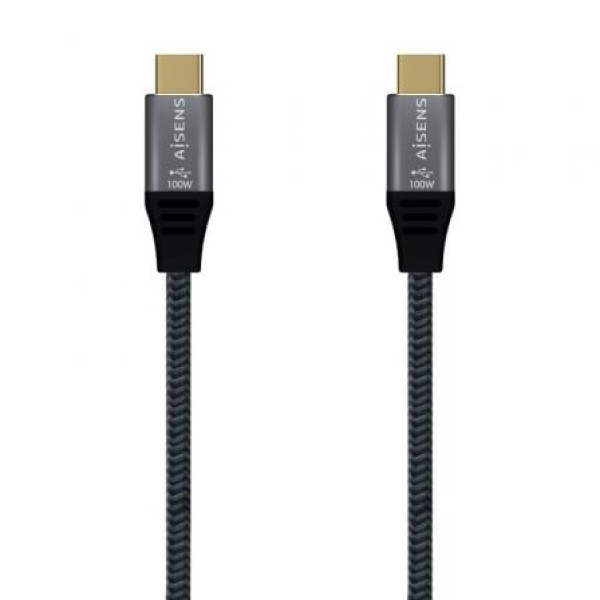 Cable USB 2.0 Tipo-C Aisens A107-0629 5A 100W/ USB Tipo-C Macho - USB Tipo-C Macho/ Hasta 100W/ 60Mbps/ 2m/ Gris