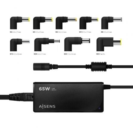 Cargador de Portátil Aisens ASLC-65WAUTO-BK/ 65W/ Automático/ 9 Conectores/ Voltaje 18.5-20V/ 1 USB QC3.0 Cargador de Portátil Aisens ASLC-65WAUTO-BK/ 65W/ Automático/ 9 Conectores/ Voltaje 18.5-20V/ 1 USB QC3.0