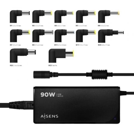 Cargador de Portátil Aisens ASLC-90WAUTO-BK/ 90W/ Automático/ 12 Conectores/ Voltaje 15-20V/ 1 USB QC3.0 Cargador de Portátil Aisens ASLC-90WAUTO-BK/ 90W/ Automático/ 12 Conectores/ Voltaje 15-20V/ 1 USB QC3.0