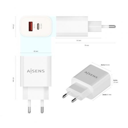 Cargador de Pared Aisens A110-0681/ 1xUSB Tipo-C/ 1xUSB/ 20W Cargador de Pared Aisens A110-0681/ 1xUSB Tipo-C/ 1xUSB/ 20W
