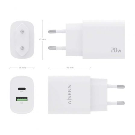 Cargador de Pared Aisens A110-0754/ 1xUSB Tipo-C/ 1xUSB/ 20W Cargador de Pared Aisens A110-0754/ 1xUSB Tipo-C/ 1xUSB/ 20W