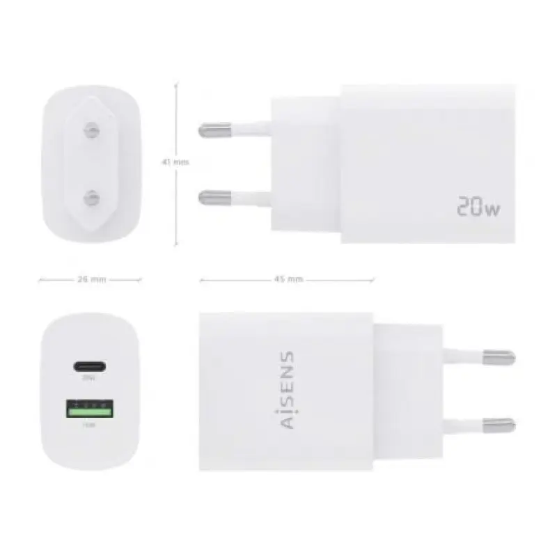 Cargador de Pared Aisens A110-0754/ 1xUSB Tipo-C/ 1xUSB/ 20W Cargador de Pared Aisens A110-0754/ 1xUSB Tipo-C/ 1xUSB/ 20W