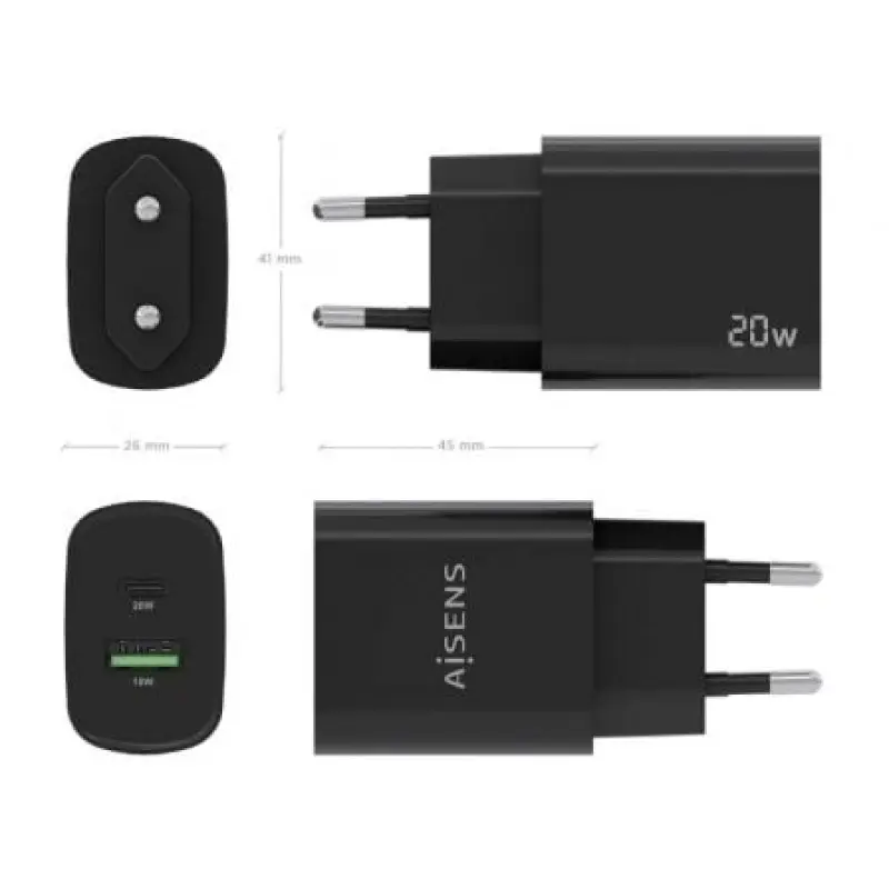 Cargador de Pared Aisens A110-0755/ 1xUSB Tipo-C/ 1xUSB/ 20W Cargador de Pared Aisens A110-0755/ 1xUSB Tipo-C/ 1xUSB/ 20W