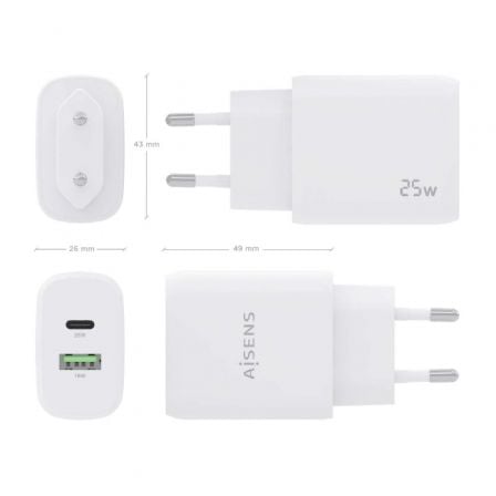 Cargador de Pared Aisens A110-0758/ 1xUSB Tipo-C/ 1xUSB/ 25W Cargador de Pared Aisens A110-0758/ 1xUSB Tipo-C/ 1xUSB/ 25W