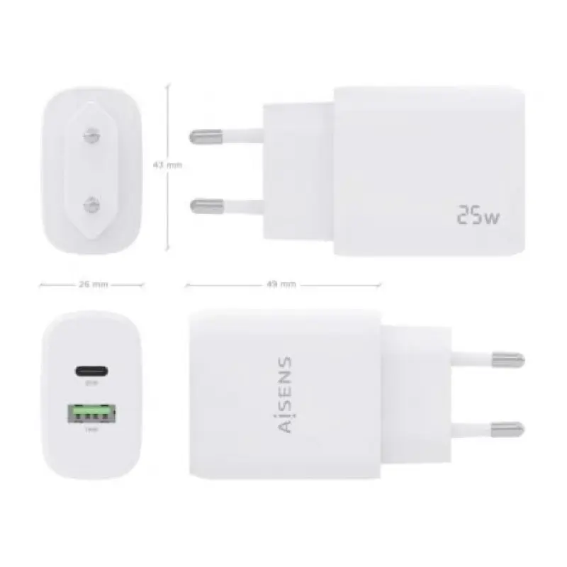 Cargador de Pared Aisens A110-0758/ 1xUSB Tipo-C/ 1xUSB/ 25W Cargador de Pared Aisens A110-0758/ 1xUSB Tipo-C/ 1xUSB/ 25W