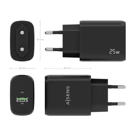 Cargador de Pared Aisens A110-0759/ 1xUSB Tipo-C/ 1xUSB/ 25W Cargador de Pared Aisens A110-0759/ 1xUSB Tipo-C/ 1xUSB/ 25W