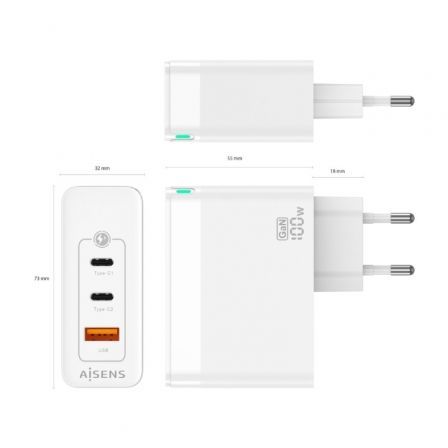 Cargador Gan de Pared Aisens ASCH-100W3P008-W/ 2xUSB Tipo-C/ 1x USB/ 100W Cargador Gan de Pared Aisens ASCH-100W3P008-W/ 2xUSB Tipo-C/ 1x USB/ 100W