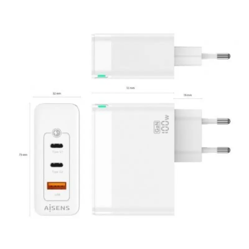 Cargador Gan de Pared Aisens ASCH-100W3P008-W/ 2xUSB Tipo-C/ 1x USB/ 100W Cargador Gan de Pared Aisens ASCH-100W3P008-W/ 2xUSB Tipo-C/ 1x USB/ 100W