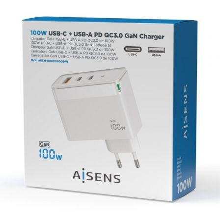 Cargador Gan de Pared Aisens ASCH-100W3P008-W/ 2xUSB Tipo-C/ 1x USB/ 100W Cargador Gan de Pared Aisens ASCH-100W3P008-W/ 2xUSB Tipo-C/ 1x USB/ 100W