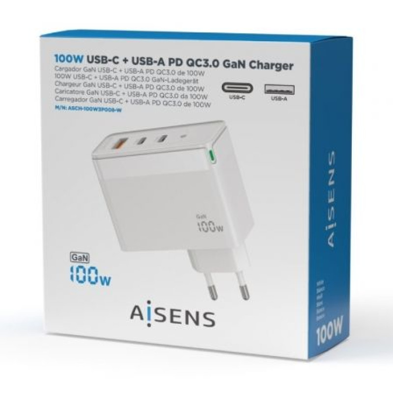 Cargador Gan de Pared Aisens ASCH-100W3P008-W/ 2xUSB Tipo-C/ 1x USB/ 100W Cargador Gan de Pared Aisens ASCH-100W3P008-W/ 2xUSB Tipo-C/ 1x USB/ 100W