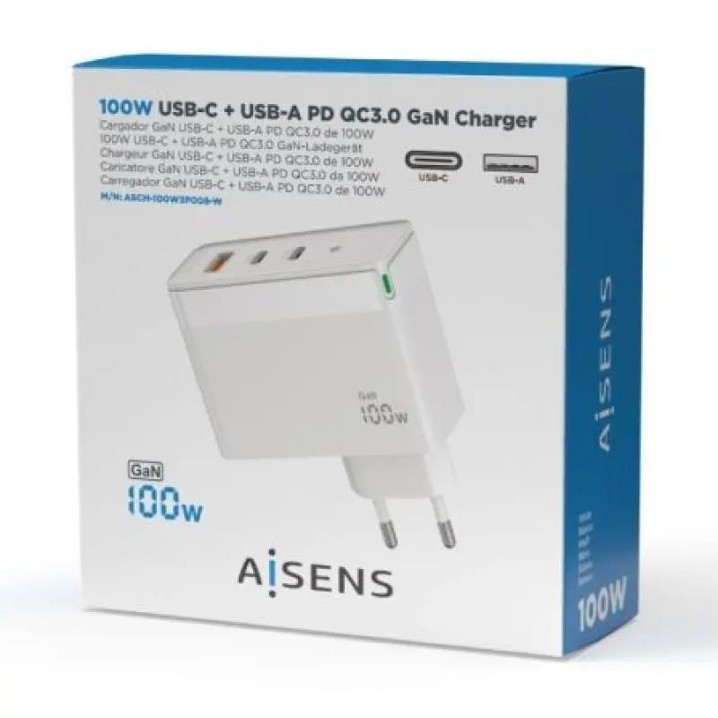 Cargador Gan de Pared Aisens ASCH-100W3P008-W/ 2xUSB Tipo-C/ 1x USB/ 100W Cargador Gan de Pared Aisens ASCH-100W3P008-W/ 2xUSB Tipo-C/ 1x USB/ 100W