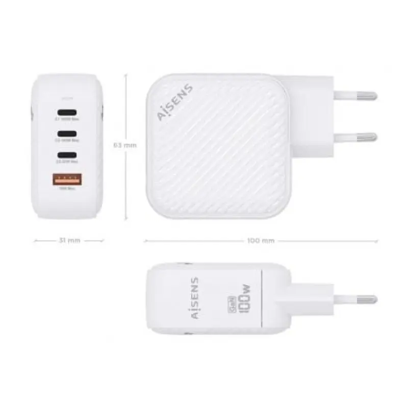 Cargador Gan de Pared Aisens ASCH-100W4P028-W/ 3xUSB Tipo-C/ 1x USB/ 100W Cargador Gan de Pared Aisens ASCH-100W4P028-W/ 3xUSB Tipo-C/ 1x USB/ 100W