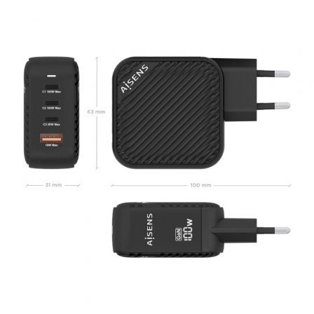 Cargador Gan de Pared Aisens ASCH-100W4P029-BK/ 3xUSB Tipo-C/ 1x USB/ 100W Cargador Gan de Pared Aisens ASCH-100W4P029-BK/ 3xUSB Tipo-C/ 1x USB/ 100W