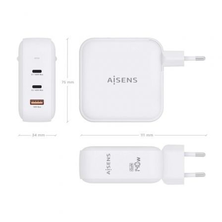 Cargador Gan de Pared Aisens ASCH-140W3P030-W/ 2xUSB Tipo-C/ 1xUSB/ 140W Cargador Gan de Pared Aisens ASCH-140W3P030-W/ 2xUSB Tipo-C/ 1xUSB/ 140W