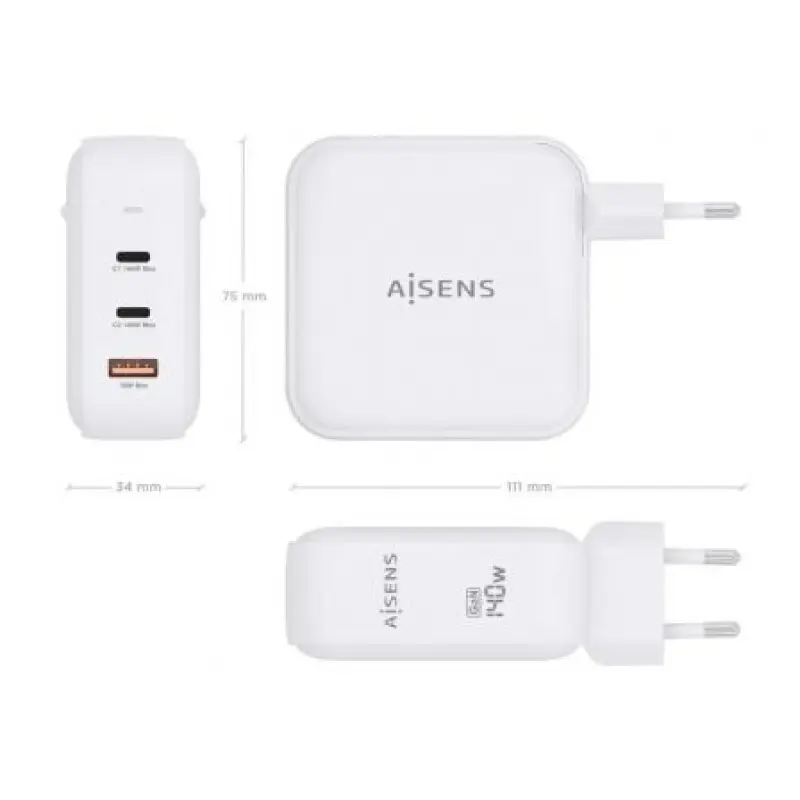 Cargador Gan de Pared Aisens ASCH-140W3P030-W/ 2xUSB Tipo-C/ 1xUSB/ 140W Cargador Gan de Pared Aisens ASCH-140W3P030-W/ 2xUSB Tipo-C/ 1xUSB/ 140W