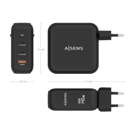 Cargador Gan de Pared Aisens ASCH-140W3P031-BK/ 2xUSB Tipo-C/ 1xUSB/ 140W Cargador Gan de Pared Aisens ASCH-140W3P031-BK/ 2xUSB Tipo-C/ 1xUSB/ 140W
