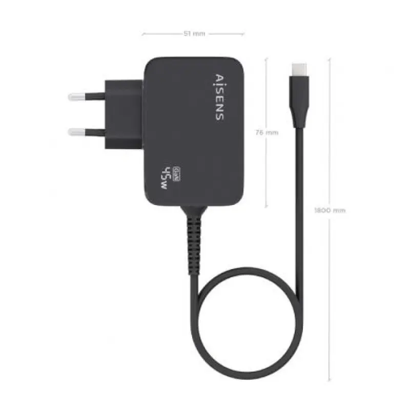 Cargador Gan de Pared Aisens ASCH-1PD45WL032-BK/ 1xUSB Tipo-C + Cable 1.8m/ 45W Cargador Gan de Pared Aisens ASCH-1PD45WL032-BK/ 1xUSB Tipo-C + Cable 1.8m/ 45W