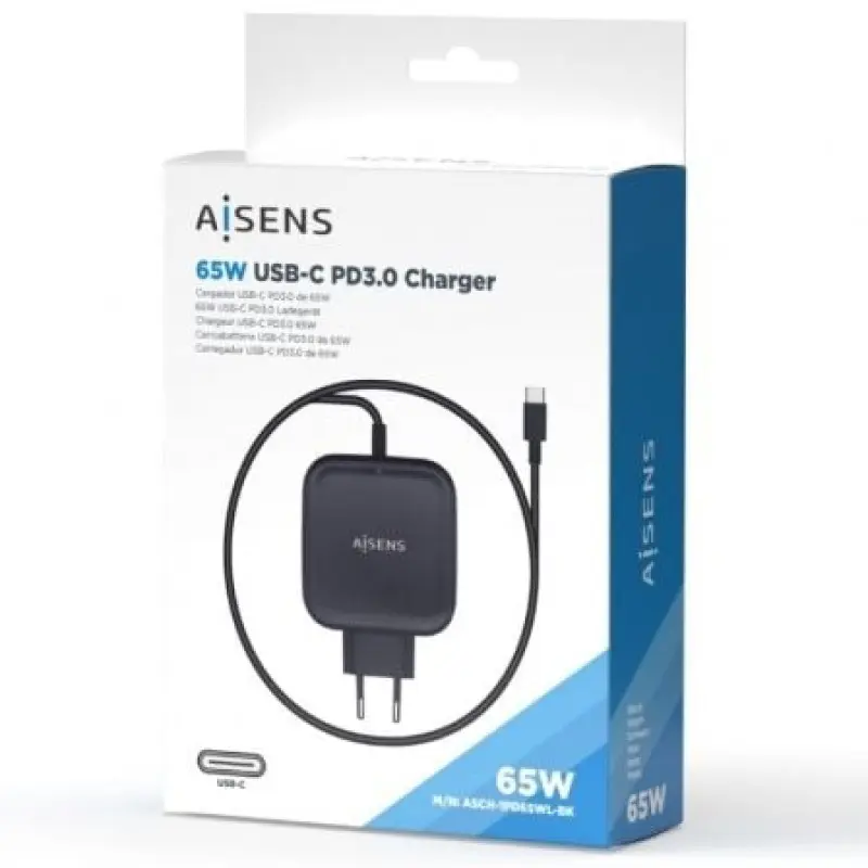 Cargador de Pared Aisens ASCH-1PD65WL-BK/ 1xUSB Tipo-C/ 65W Cargador de Pared Aisens ASCH-1PD65WL-BK/ 1xUSB Tipo-C/ 65W