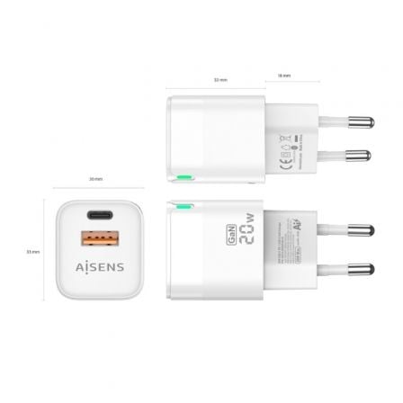 Cargador Gan de Pared Aisens ASCH-20W2P002-W/ 1xUSB Tipo-C/ 1xUSB/ 20W Cargador Gan de Pared Aisens ASCH-20W2P002-W/ 1xUSB Tipo-C/ 1xUSB/ 20W