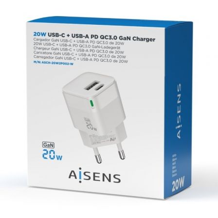 Cargador Gan de Pared Aisens ASCH-20W2P002-W/ 1xUSB Tipo-C/ 1xUSB/ 20W Cargador Gan de Pared Aisens ASCH-20W2P002-W/ 1xUSB Tipo-C/ 1xUSB/ 20W