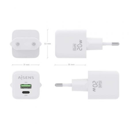 Cargador Gan de Pared Aisens ASCH-20W2P010-W/ 1xUSB Tipo-C/ 1xUSB/ 20W Cargador Gan de Pared Aisens ASCH-20W2P010-W/ 1xUSB Tipo-C/ 1xUSB/ 20W