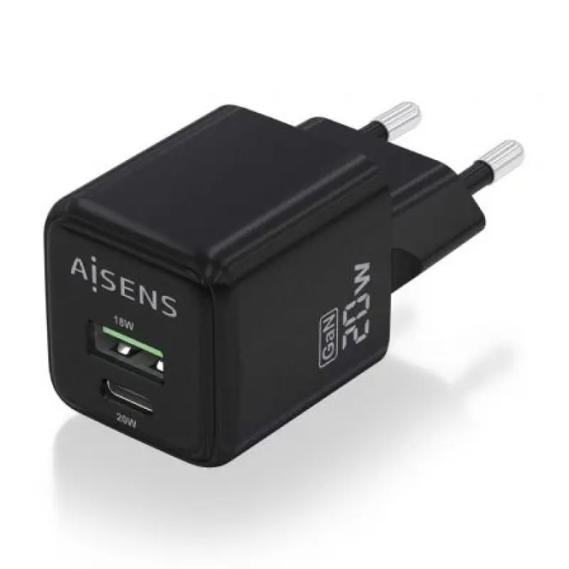 Cargador Gan de Pared Aisens ASCH-20W2P011-BK/ 1xUSB Tipo-C/ 1xUSB/ 20W Cargador Gan de Pared Aisens ASCH-20W2P011-BK/ 1xUSB Tipo-C/ 1xUSB/ 20W