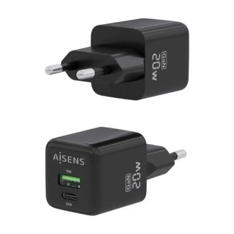 Cargador Gan de Pared Aisens ASCH-20W2P011-BK/ 1xUSB Tipo-C/ 1xUSB/ 20W Cargador Gan de Pared Aisens ASCH-20W2P011-BK/ 1xUSB Tipo-C/ 1xUSB/ 20W