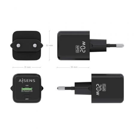 Cargador Gan de Pared Aisens ASCH-20W2P011-BK/ 1xUSB Tipo-C/ 1xUSB/ 20W Cargador Gan de Pared Aisens ASCH-20W2P011-BK/ 1xUSB Tipo-C/ 1xUSB/ 20W