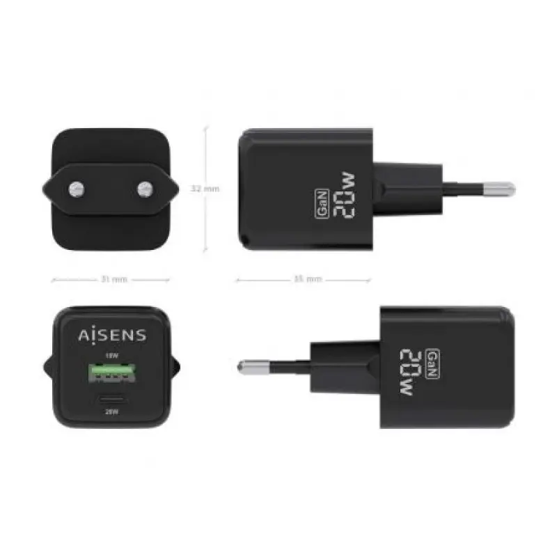 Cargador Gan de Pared Aisens ASCH-20W2P011-BK/ 1xUSB Tipo-C/ 1xUSB/ 20W Cargador Gan de Pared Aisens ASCH-20W2P011-BK/ 1xUSB Tipo-C/ 1xUSB/ 20W