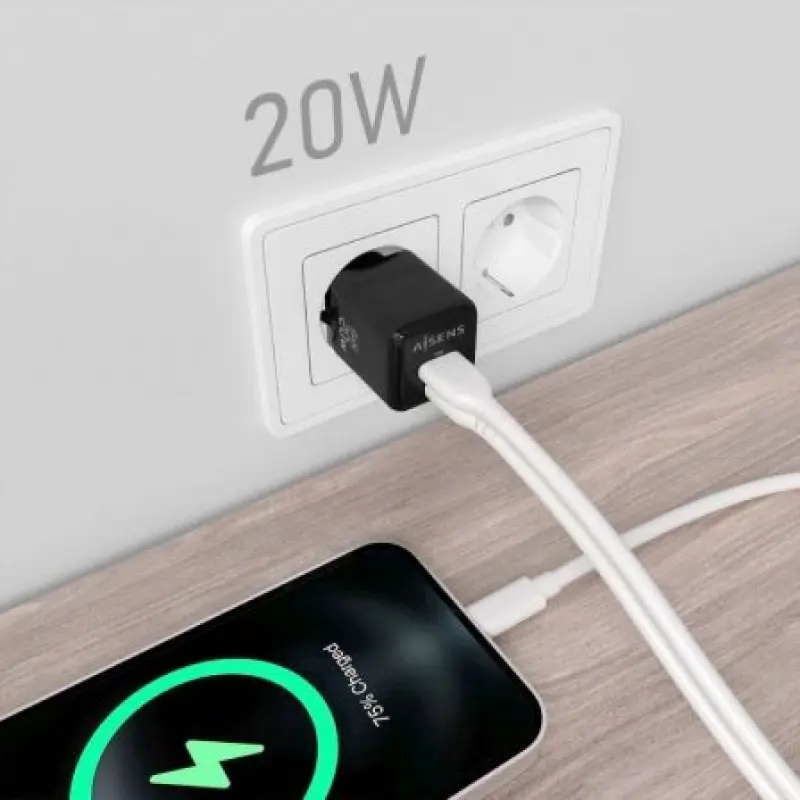 Cargador Gan de Pared Aisens ASCH-20W2P011-BK/ 1xUSB Tipo-C/ 1xUSB/ 20W Cargador Gan de Pared Aisens ASCH-20W2P011-BK/ 1xUSB Tipo-C/ 1xUSB/ 20W