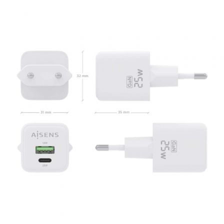 Cargador Gan de Pared Aisens ASCH-25W2P014-W/ 1xUSB Tipo-C/ 1xUSB/ 25W Cargador Gan de Pared Aisens ASCH-25W2P014-W/ 1xUSB Tipo-C/ 1xUSB/ 25W