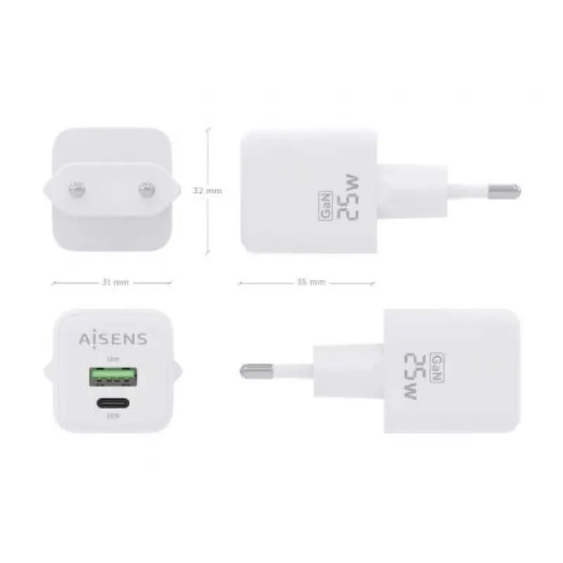 Cargador Gan de Pared Aisens ASCH-25W2P014-W/ 1xUSB Tipo-C/ 1xUSB/ 25W Cargador Gan de Pared Aisens ASCH-25W2P014-W/ 1xUSB Tipo-C/ 1xUSB/ 25W