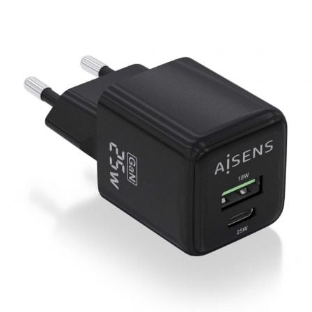 Cargador Gan de Pared Aisens ASCH-25W2P015-BK/ 1xUSB Tipo-C/ 1xUSB/ 25W Cargador Gan de Pared Aisens ASCH-25W2P015-BK/ 1xUSB Tipo-C/ 1xUSB/ 25W