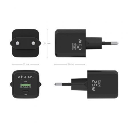 Cargador Gan de Pared Aisens ASCH-25W2P015-BK/ 1xUSB Tipo-C/ 1xUSB/ 25W Cargador Gan de Pared Aisens ASCH-25W2P015-BK/ 1xUSB Tipo-C/ 1xUSB/ 25W