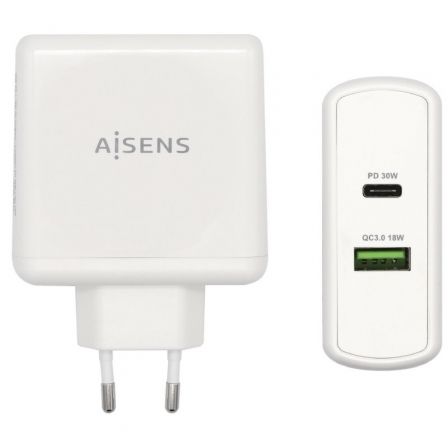 Cargador de Pared Aisens ASCH-2PD30QC-W/ 1xUSB Tipo-C/ 1x USB/ 48W Cargador de Pared Aisens ASCH-2PD30QC-W/ 1xUSB Tipo-C/ 1x USB/ 48W