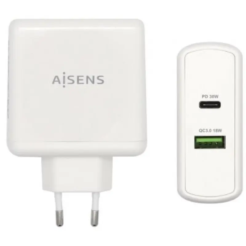 Cargador de Pared Aisens ASCH-2PD30QC-W/ 1xUSB Tipo-C/ 1x USB/ 48W Cargador de Pared Aisens ASCH-2PD30QC-W/ 1xUSB Tipo-C/ 1x USB/ 48W
