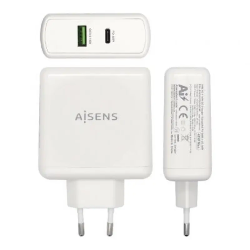 Cargador de Pared Aisens ASCH-2PD30QC-W/ 1xUSB Tipo-C/ 1x USB/ 48W Cargador de Pared Aisens ASCH-2PD30QC-W/ 1xUSB Tipo-C/ 1x USB/ 48W