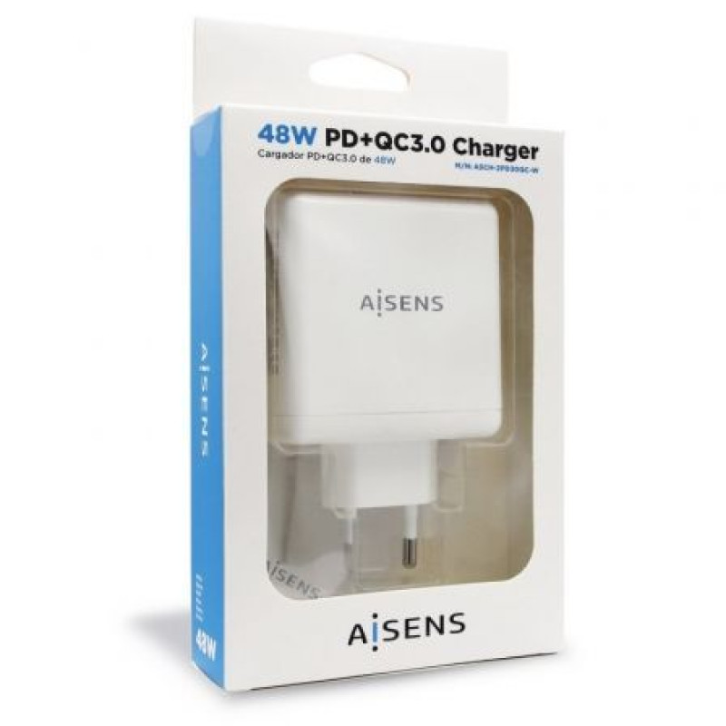 Cargador de Pared Aisens ASCH-2PD30QC-W/ 1xUSB Tipo-C/ 1x USB/ 48W Cargador de Pared Aisens ASCH-2PD30QC-W/ 1xUSB Tipo-C/ 1x USB/ 48W